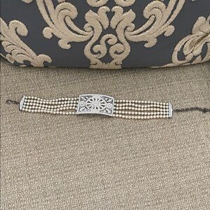 Carolee Cream Pearl Multi-Strand Necklace with Rhinestone Filigree